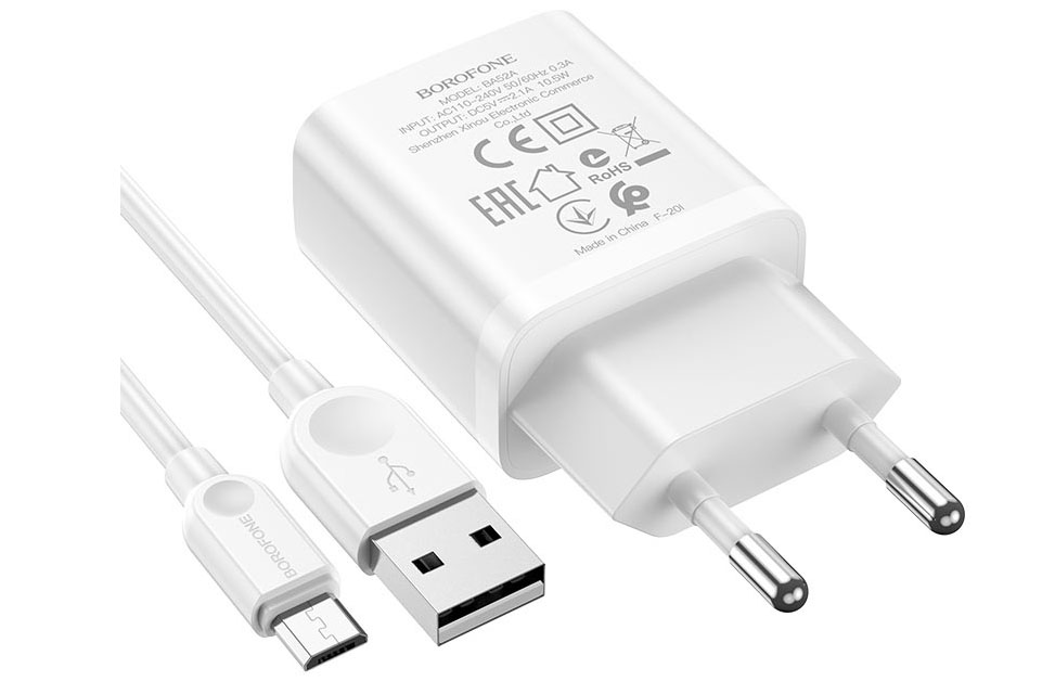 Сетевое зарядное устройство Borofone BA52A Gamble USB 2.1A с кабелем MicroUSB (белый)