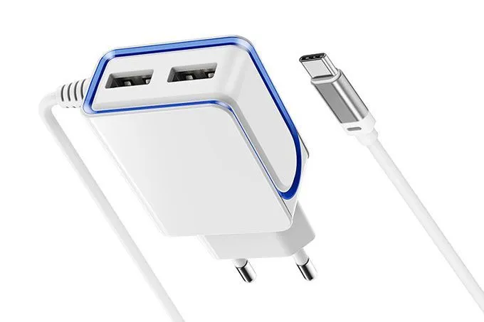 Устройство зарядное сетевое Type-C, 2 USB Borofone, BA35A, 2100mAh, пластик, кабель 1.0м, цвет: белы