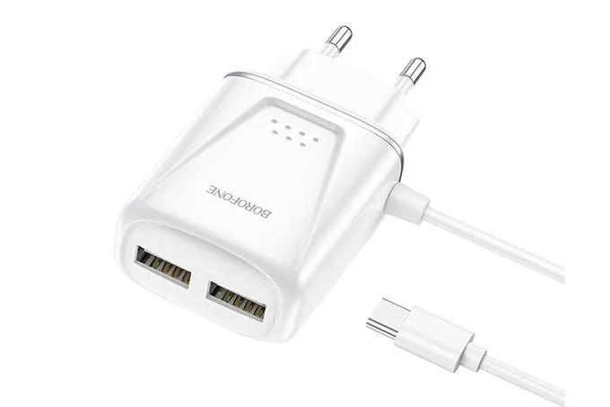 Устройство зарядное сетевое Type-C, 2 USB Borofone, BA50A, 2100mAh, пластик, кабель 1.0м, цвет: белы