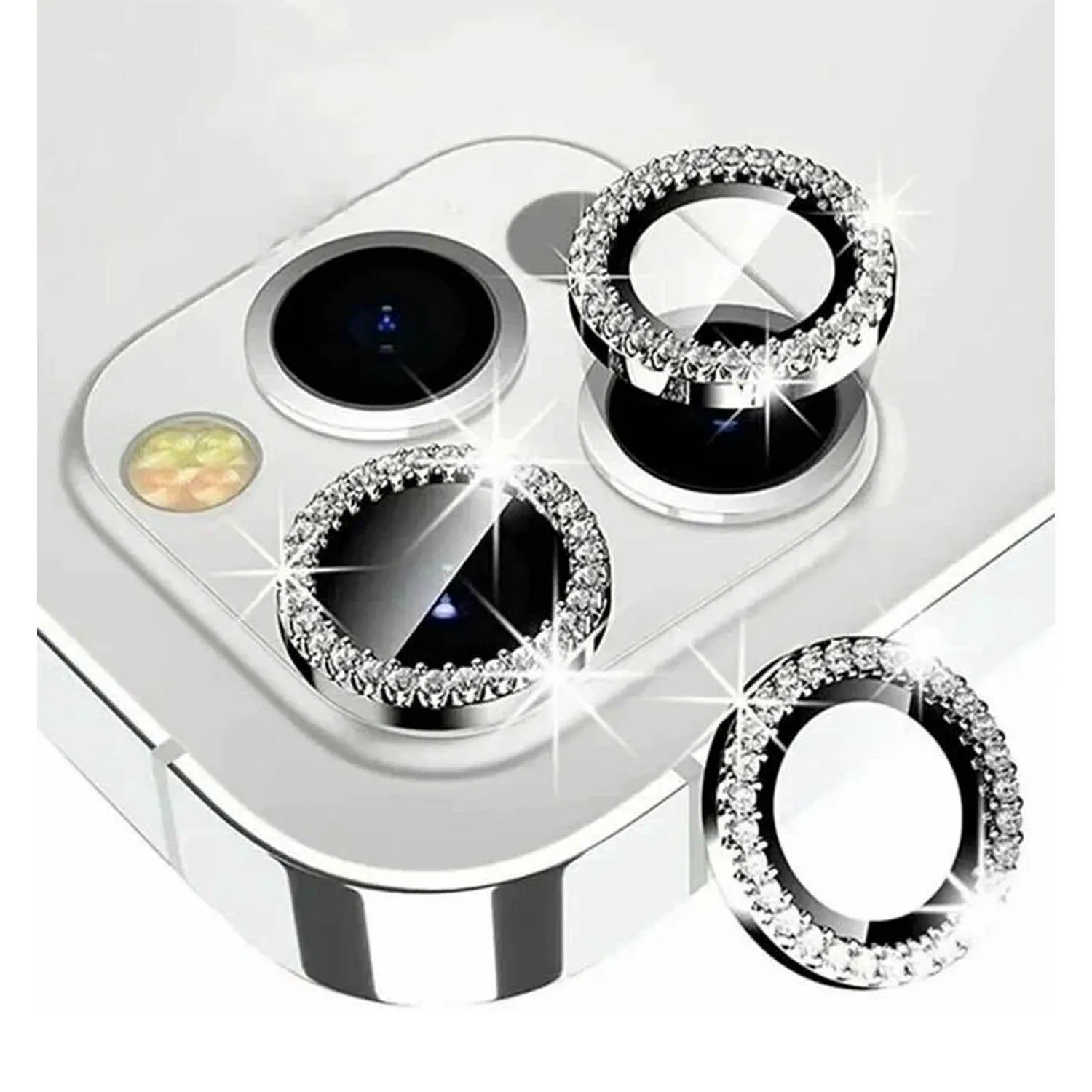 Защитные линзы со стразами для камеры Apple iPhone 14 Pro, 14 Pro Max (серебро)