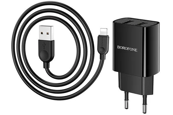 Сетевое зарядное устройство Borofone BA53A Powerway, 2 USB + кабель Lightning (черный)