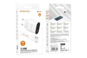 Сетевое зарядное устройство BOROFONE BA63A с дисплеем, 2 USB + кабель Lightnig (белый)