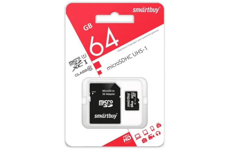 Карта памяти MicroSD 64GB SmartBuy Class 10 UHS-I с адаптером