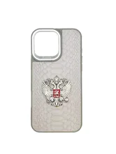 Кожаный чехол с гербом России Apple iPhone 15 Pro Max (белый)