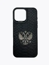 Кожаный чехол с гербом России Apple iPhone 15 (черный)