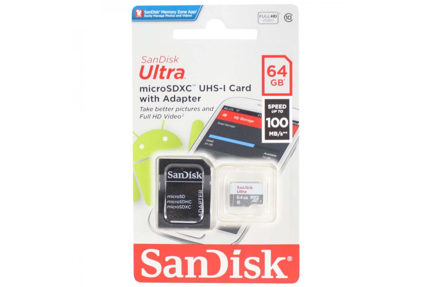 Карта памяти MicroSD 64GB SanDisk Class 10 Ultra Light UHS-I (100 Mb/s) с адаптером