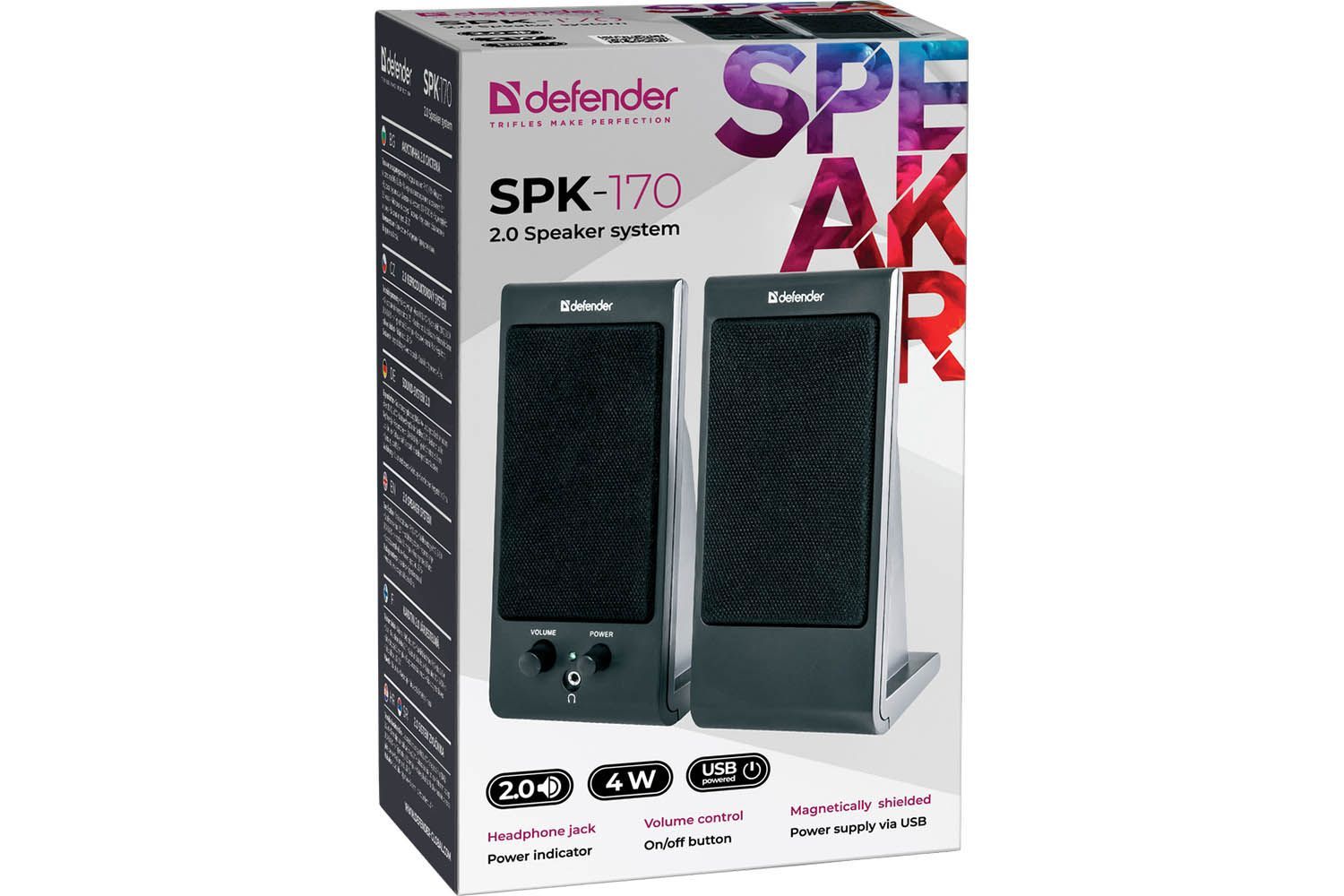 Активная система DEFENDER SPK-170, USB, 2.0, чёрная. Регулятор громкости. Аудиовходы: 3.5 мм мини-дж