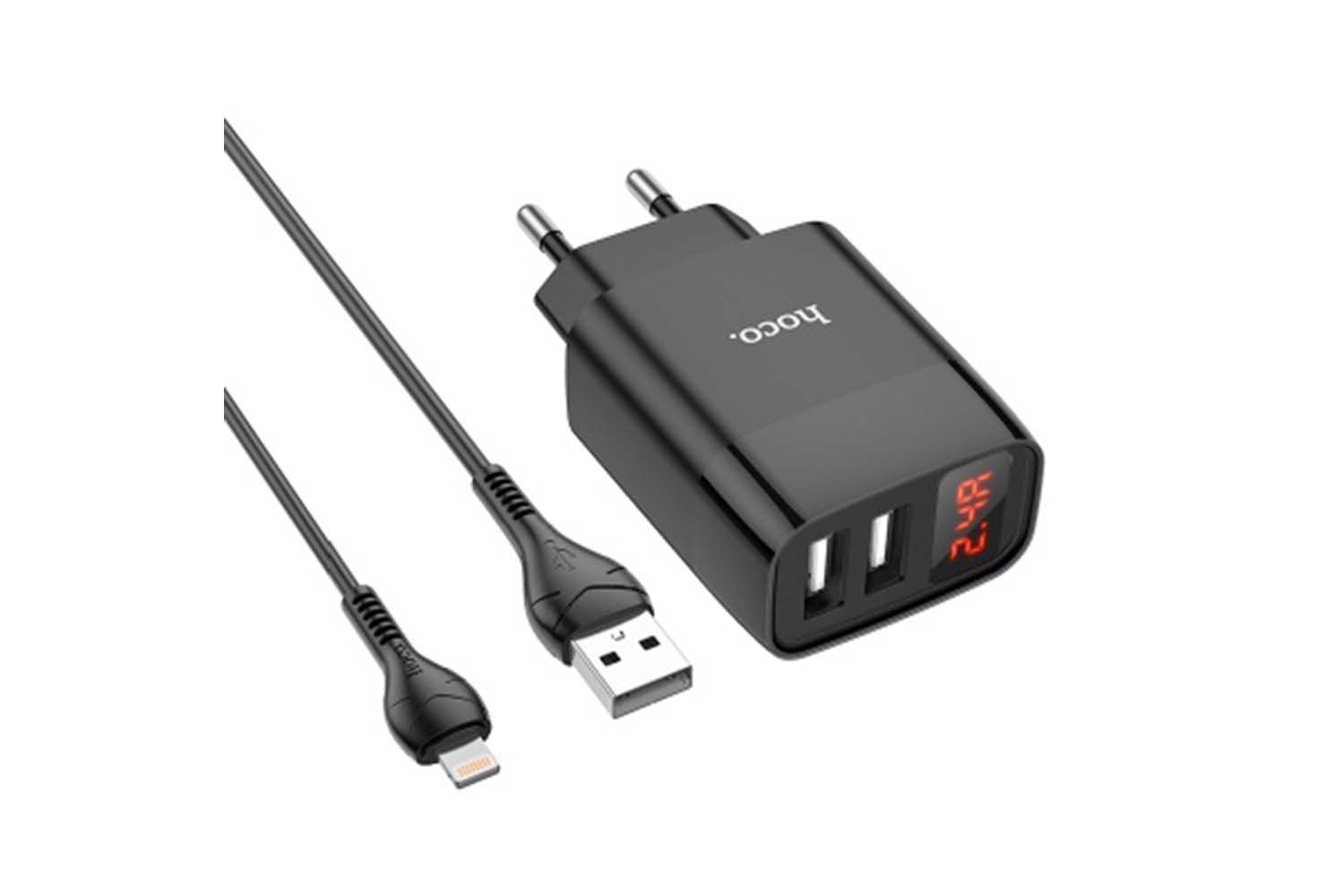 Сетевое зарядное устройство Hoco C86A с дисплеем + кабель Lightning (черный)