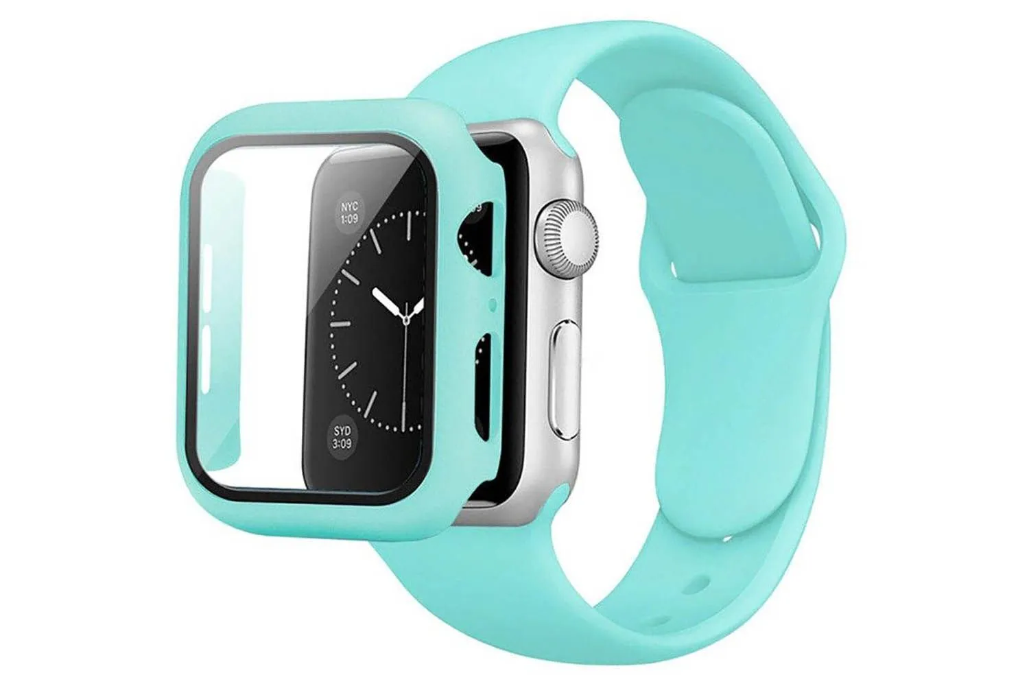 Чехол + защитное стекло + ремешок на часы Apple Watch 40mm Case / Кейс накладка 40мм (бирюзовый)