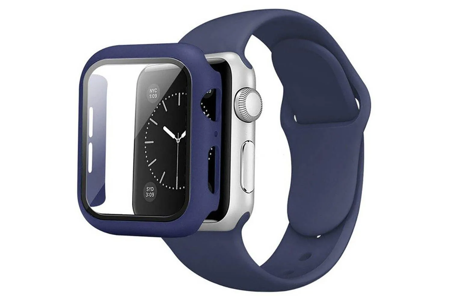 Чехол + защитное стекло + ремешок на часы Apple Watch 44mm Case / Кейс накладка 44мм (темно-синий)