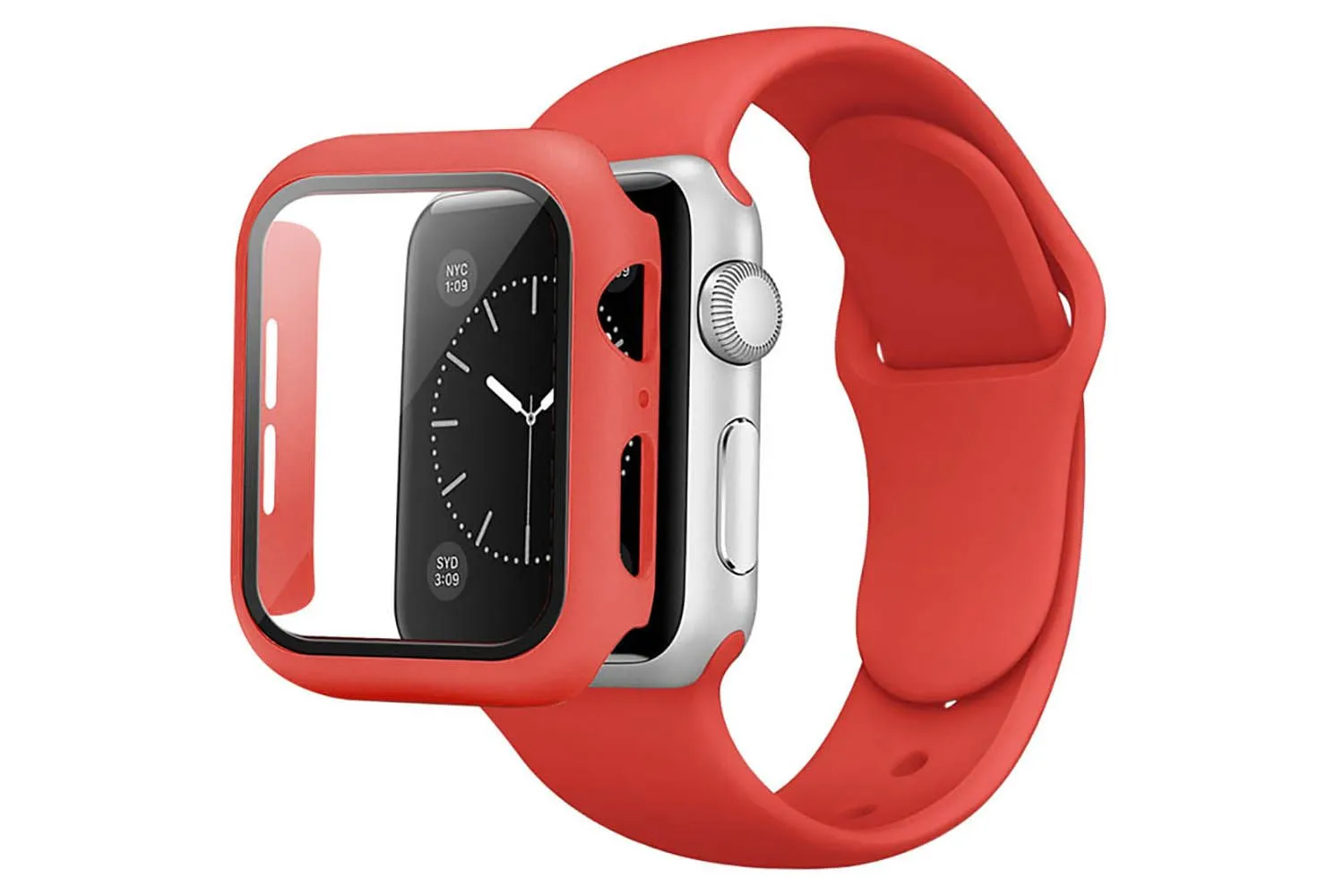 Чехол + защитное стекло + ремешок на часы Apple Watch 40mm Case / Кейс накладка 40мм (красный)