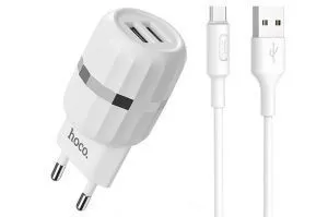 Сетевое зарядное устройство HOCO C41A Wisdom, 2 USB, 2400mAh, с кабелем MicroUSB (белый)