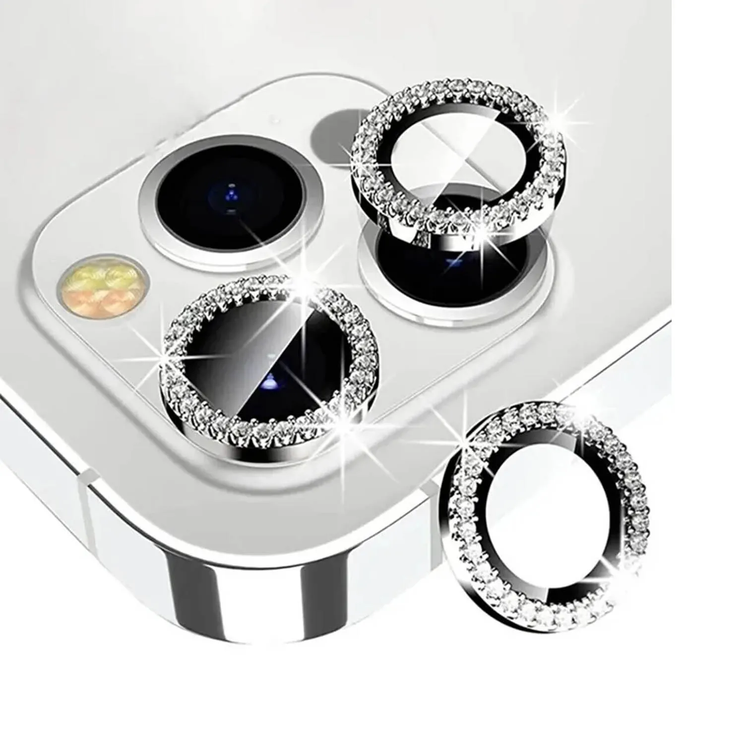 Защитные линзы со стразами для камеры Apple iPhone 13 Pro, 13 Pro Max (серебро) 