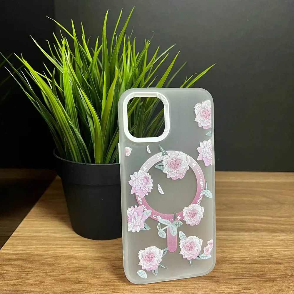 Чехол TPU матовый с принтом цветы Rose с MagSafe Apple iPhone 14 (белый)