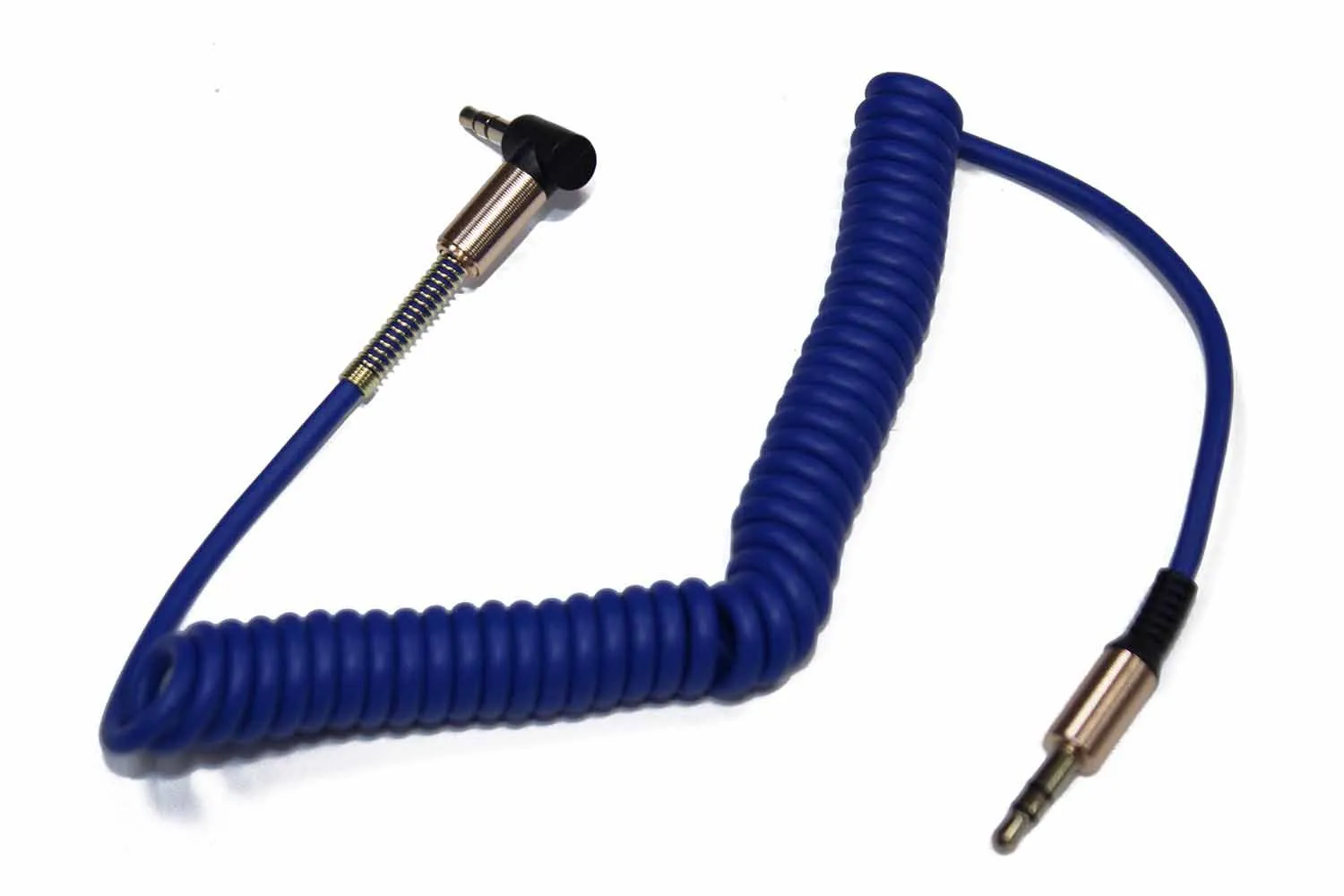 AUX кабель 3.5mm прорезиненный загнутый на 90 град пружина папа-папа (синий)