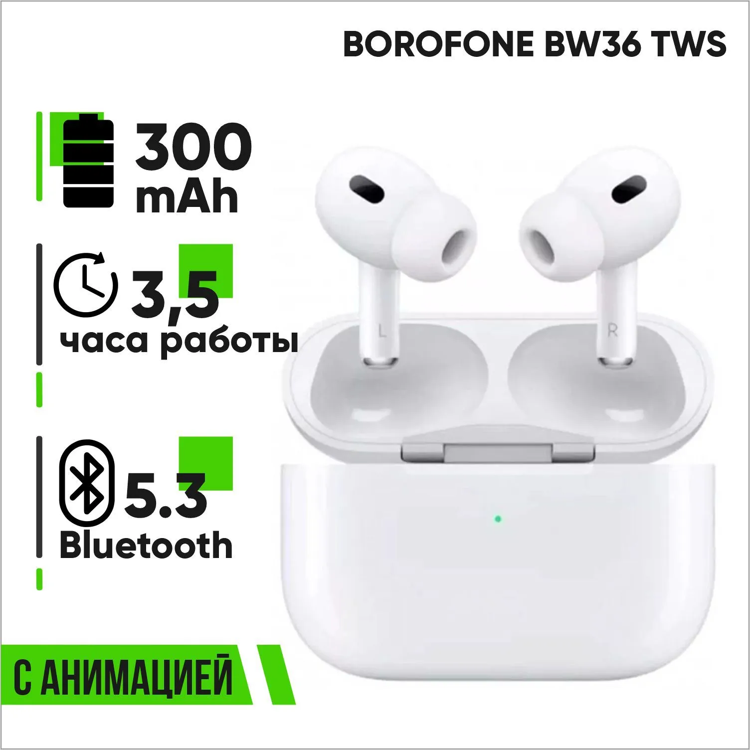Беспроводные Bluetooth наушники BOROFONE BW36, с анимацией (белый)