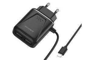 Сетевое зарядное устройство Borofone BA50A, 2 USB, 2100mAh, с кабелем Lightning 1.0м (черный)