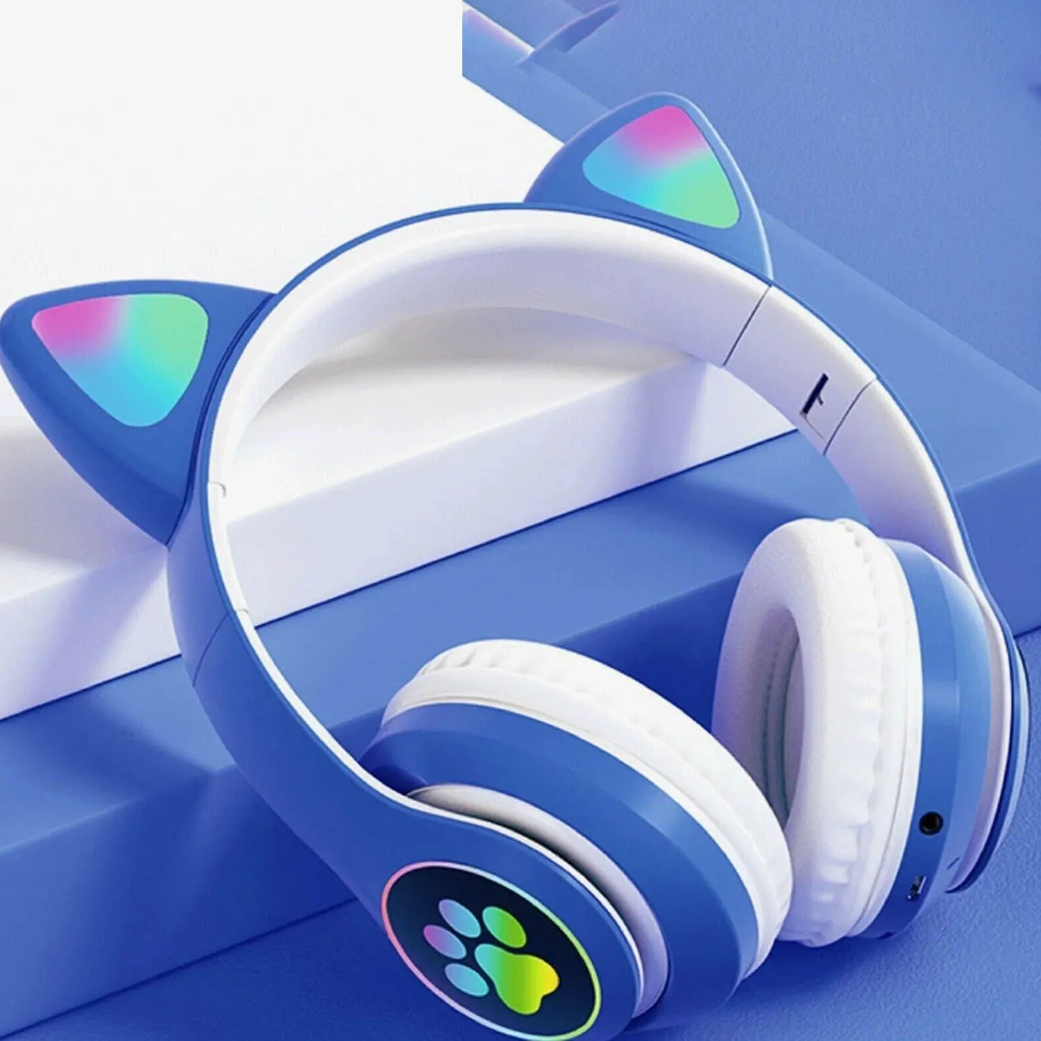 Наушники беспроводные Bluetooth STN-28 JBH с ушками и микрофоном, светящиеся (синие) 
