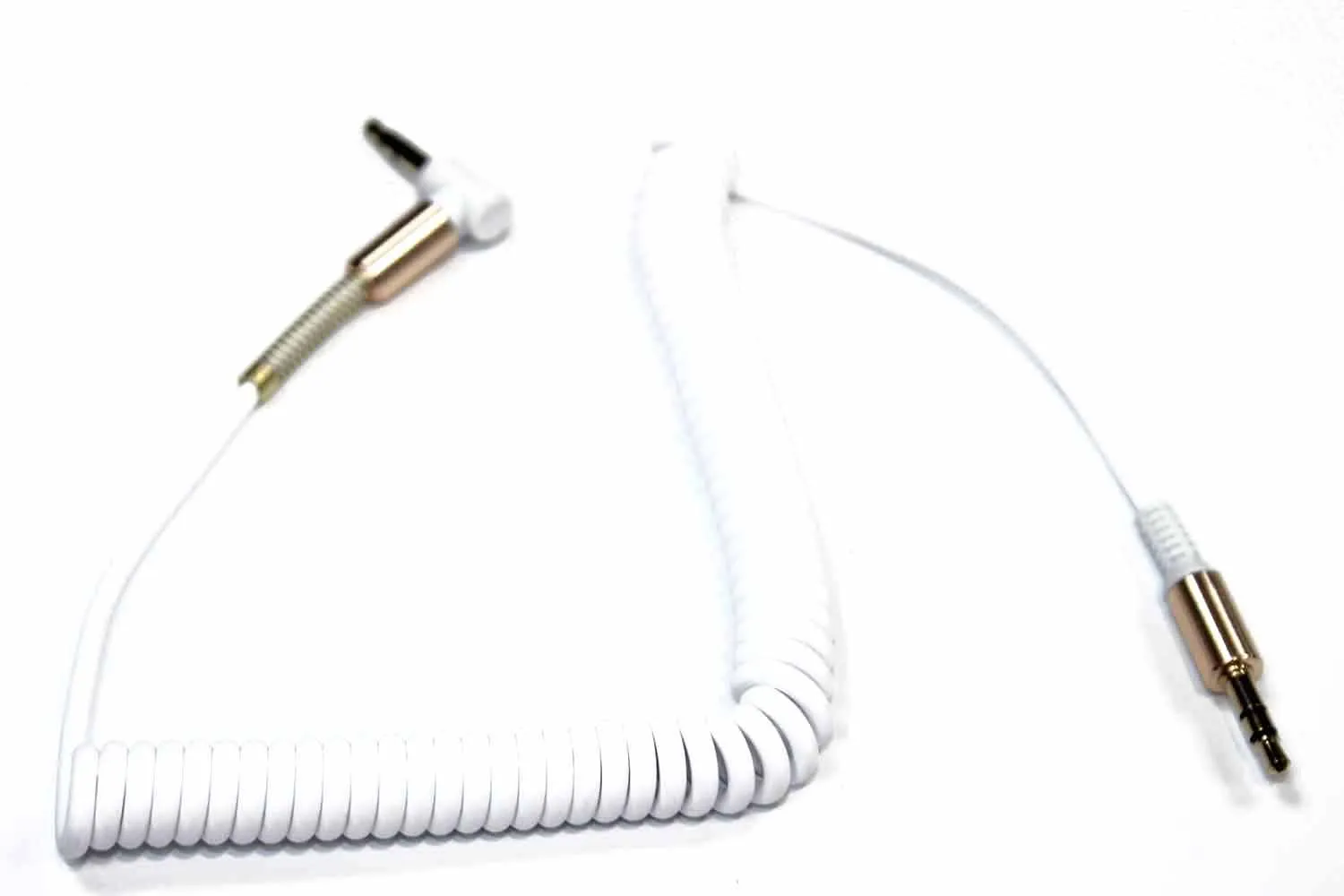 AUX кабель 3.5mm прорезиненный загнутый на 90 град пружина папа-папа (белый)