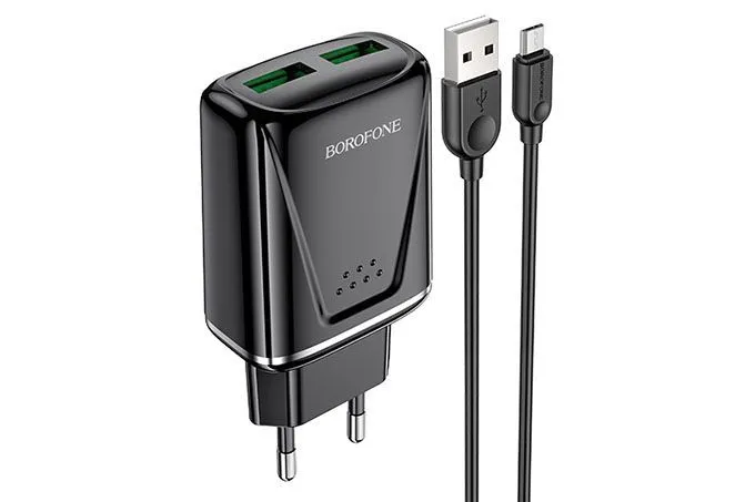 Сетевое зарядное устройство Borofone BA54A Wide, QC3.0, 2 USB + кабель MicroUSB, 1м (белый)