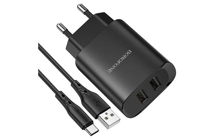 Сетевое зарядное устройство Borofone BN2, 2 USB, 2100mA, с кабелем Type-C (чёрный)