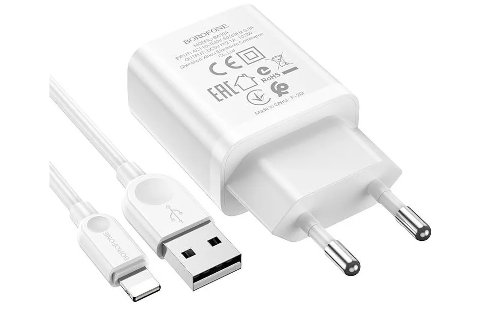 Сетевое зарядное устройство Borofone BA52A Gamble USB 2.1A с кабелем Lightning (белый)